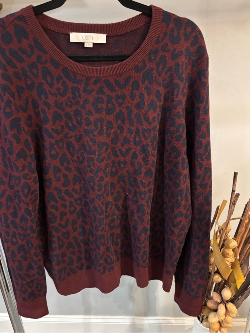 LOFT Burgundy and Navy Leopard Crewneck Sweater